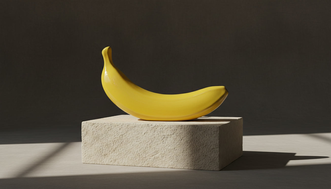Generated yellow ceramic banana sculpture on limestone against a charcoal studio backdrop